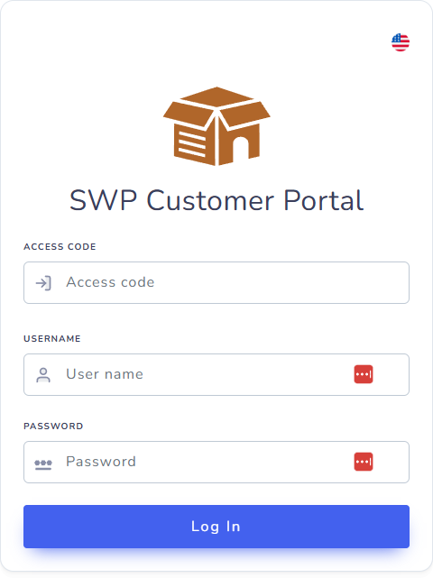 The SWP Customer Portal login screen, showing the Access Code, User name, and Password fields above the Log In button
